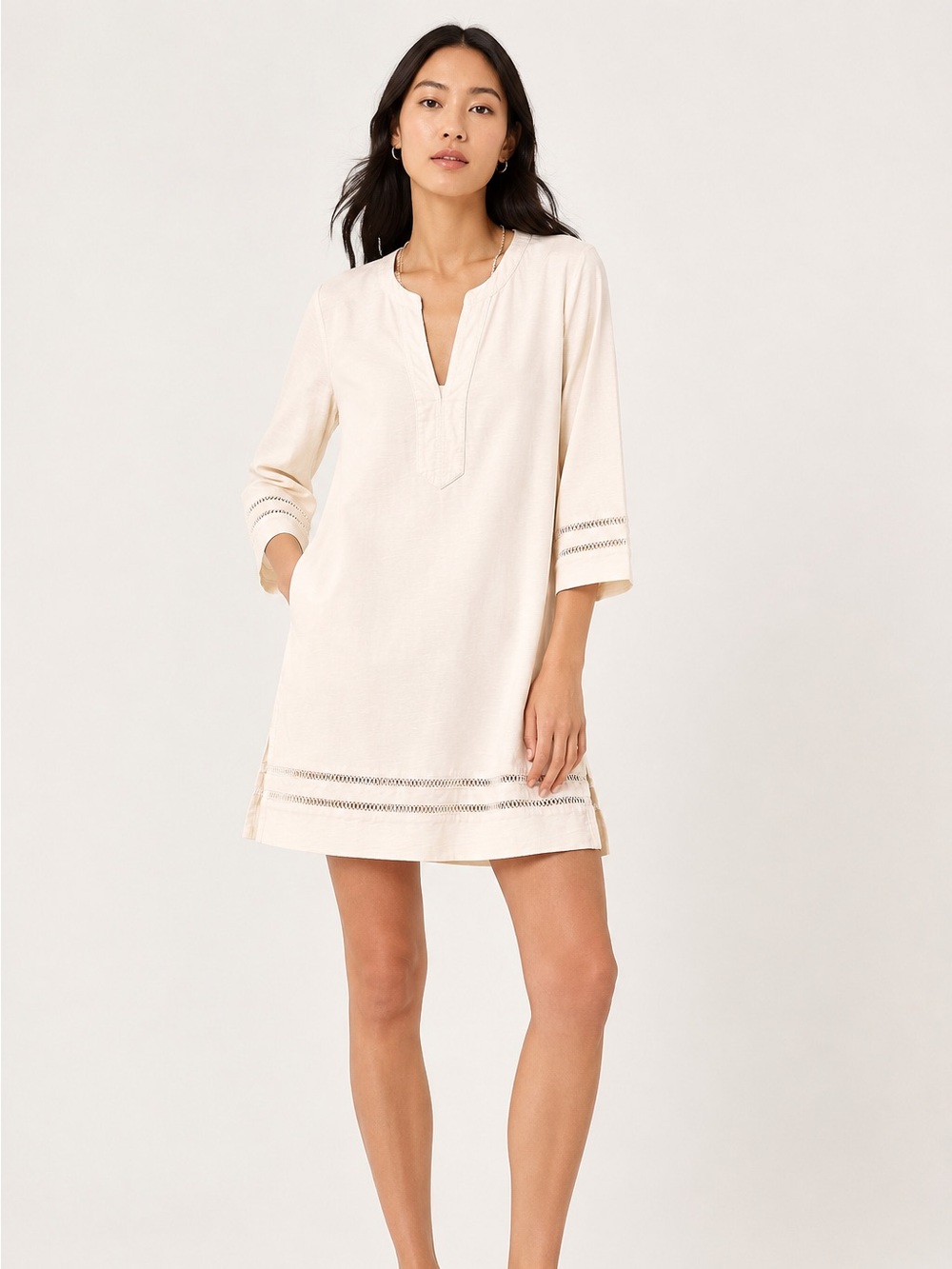 J. Crew Cream Eyelet-Trim V-Neck Long Sleeve Tunic Swim Coverup - Size Small